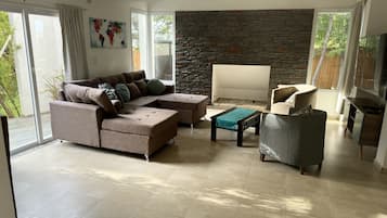 Smart TV, chimenea y estéreo
