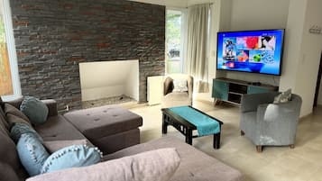 Smart TV, chimenea, estéreo