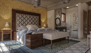 Senger med overmadrass, minibar, safe på rommet og blendingsgardiner