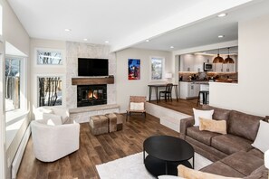 Smart TV, fireplace, books, offices