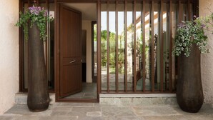 A wooden door with a glass panel, flanked by two large vases with plants. - Villa Pueblo (Nafplio)