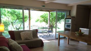 Télévision, cheminée, table de tennis de table, livres