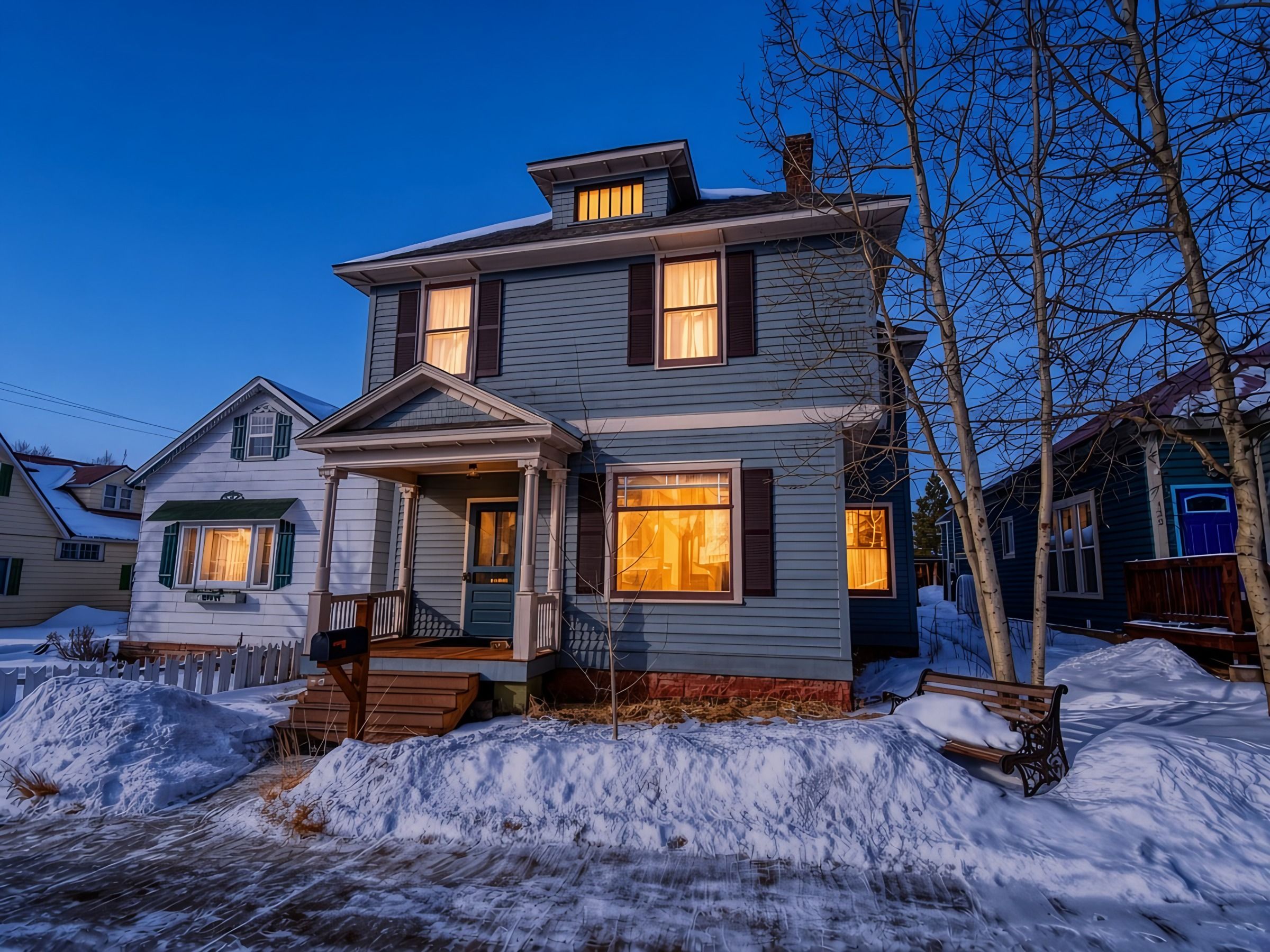 A two-story house with a porch, windows, and a snow-covered yard.