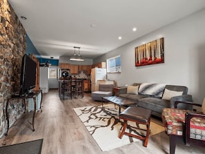 TV, fireplace, books, offices