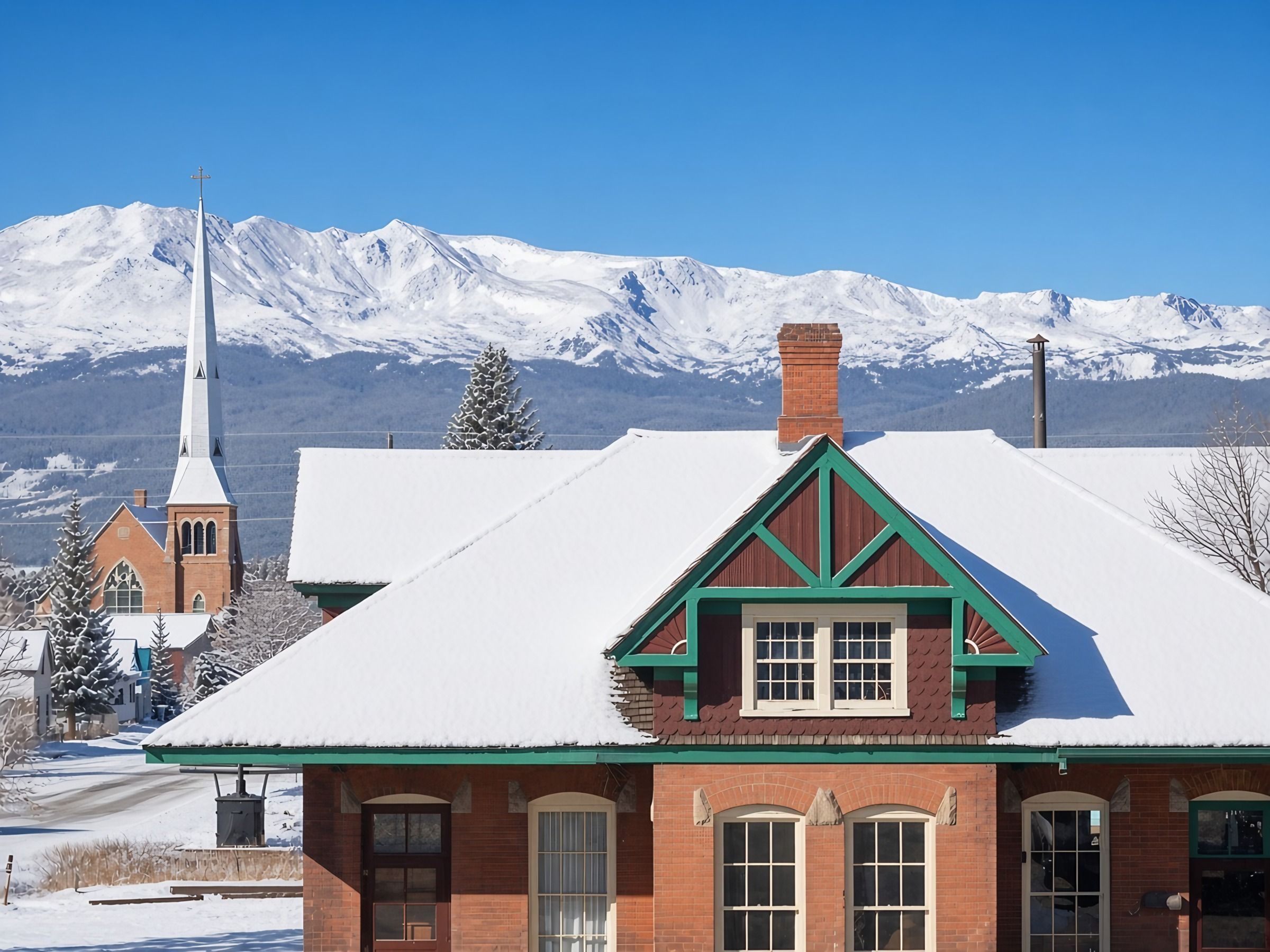 Un edificio imbiancato dalla neve con un tetto ripido e un camino ben visibile, sullo sfondo di montagne innevate.