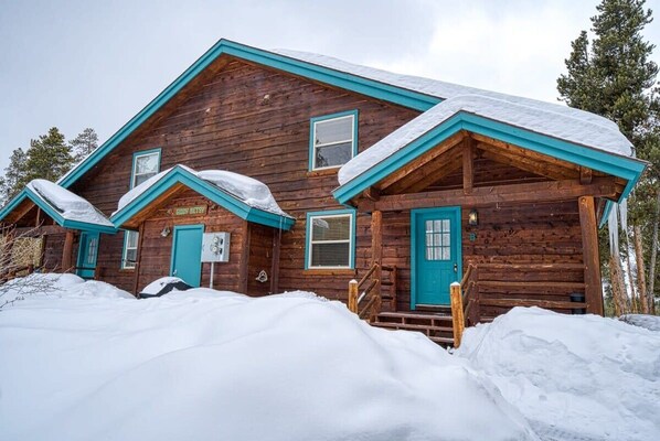 Une cabane en bois avec une porte et des fenêtres bleues, entourée de neige.