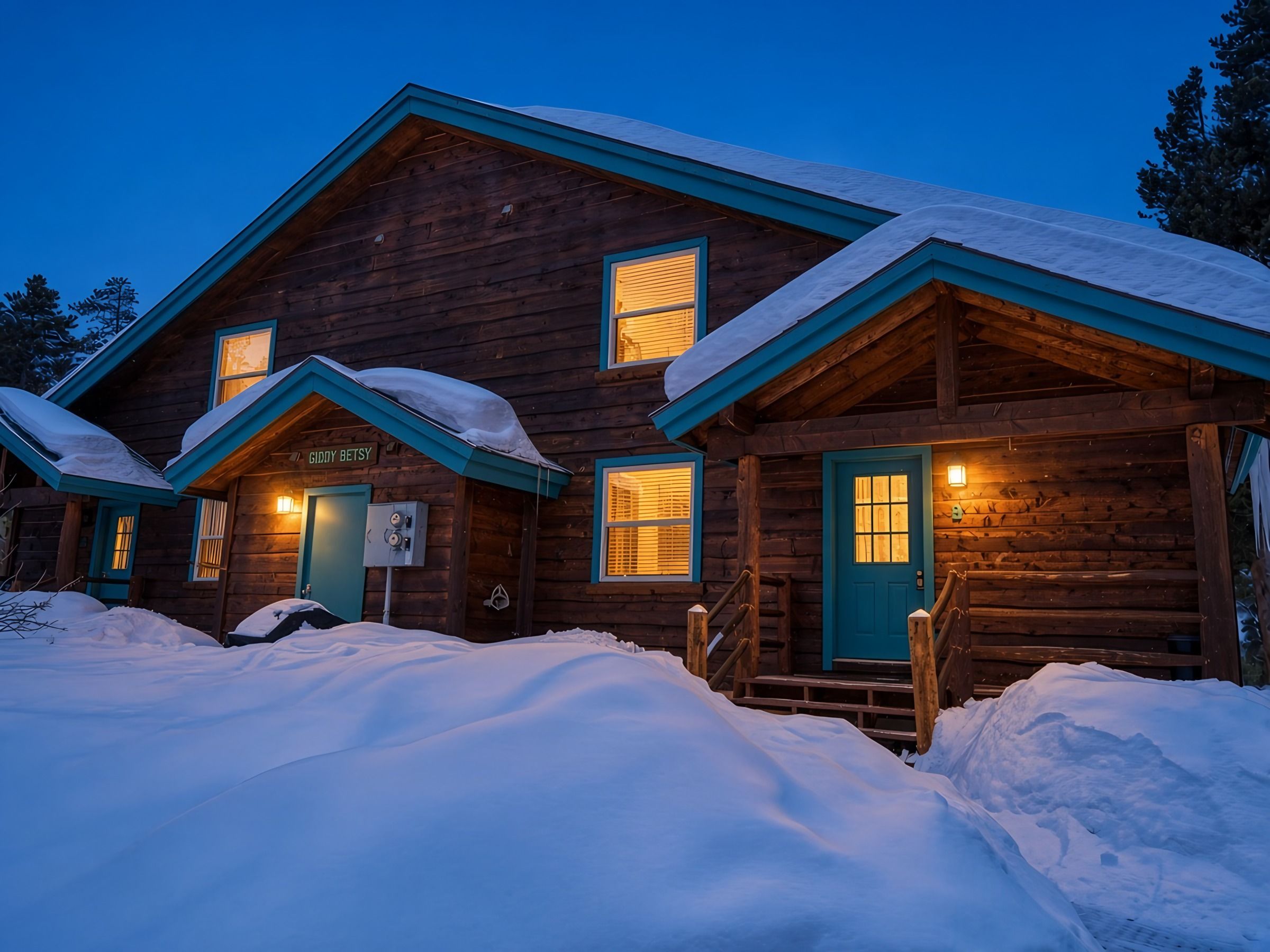 A wooden cabin with a snow-covered roof, a front door, and a staircase leading to the entrance.