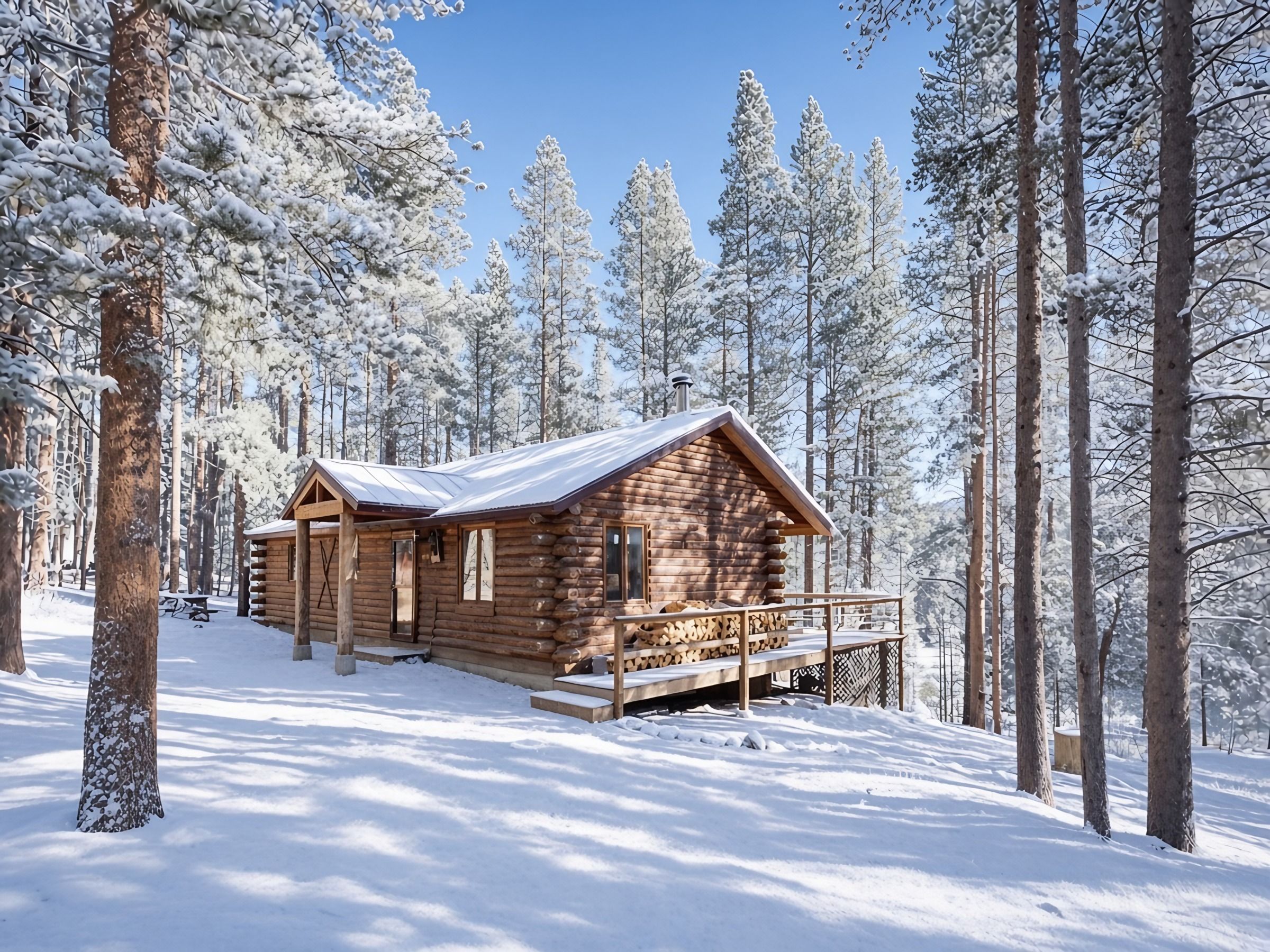A log cabin with a porch, surrounded by snow-covered trees.