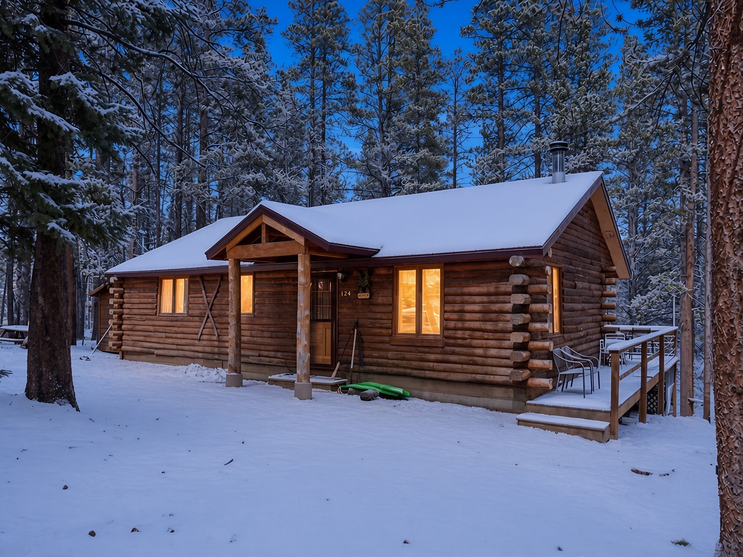 A log cabin with a porch, a chimney, and a deck.