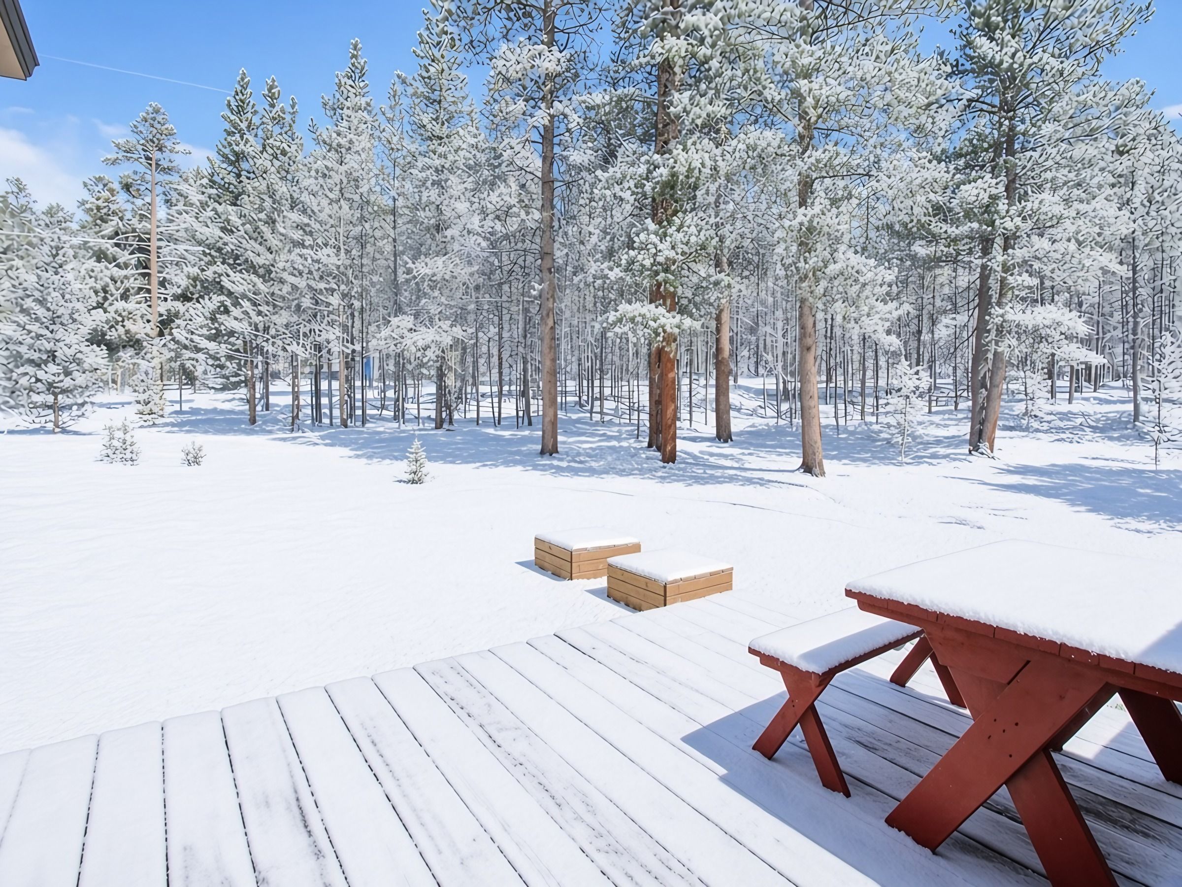 A snow-covered deck with wooden benches and a picnic table, surrounded by a forest of snow-laden trees.