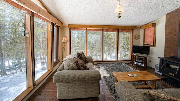 A cozy living room with a fireplace, large windows, and a comfortable sofa. - The Shamrock — 5BR Leadville Home, Game Room + 2-Car Garage, Sleeps 10 (Leadville)