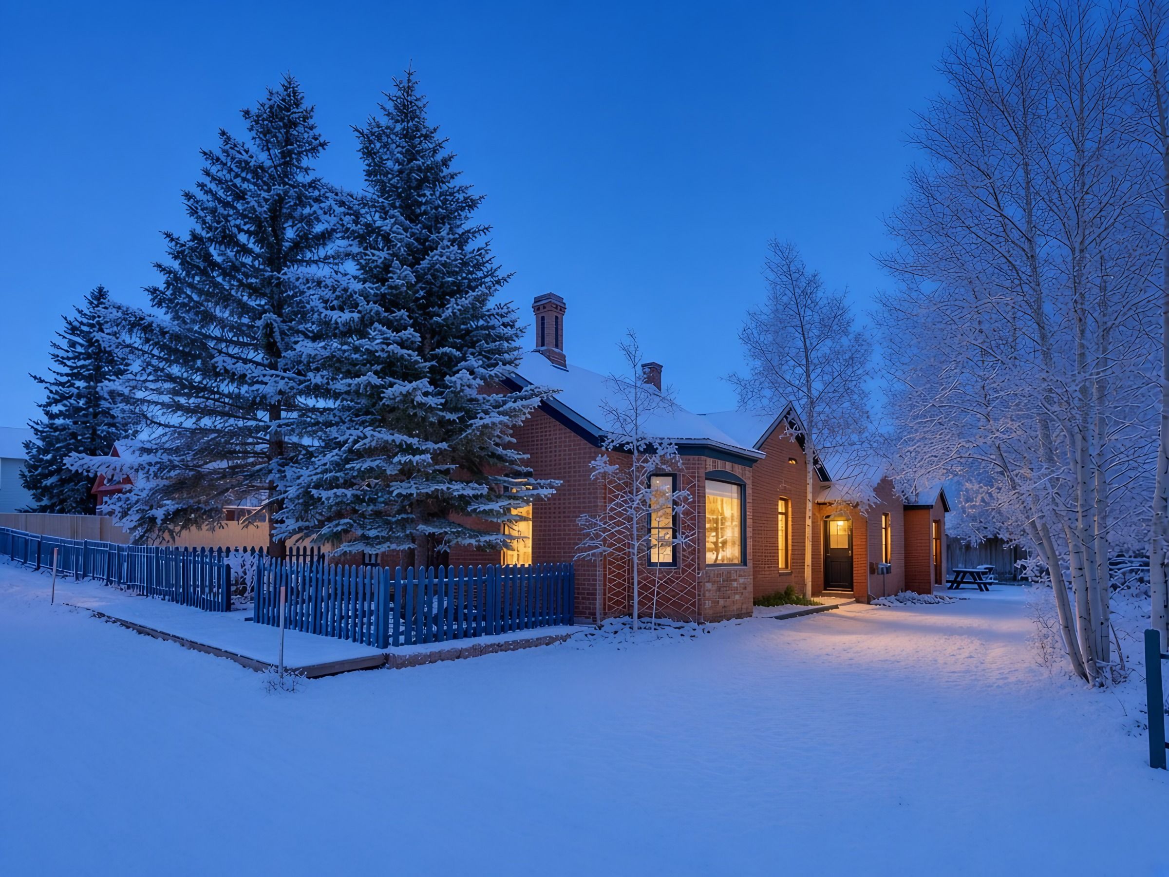 A snow-covered house with a brick exterior, a wooden fence, and a snow-covered lawn.