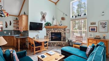 Télévision, cheminée, lecteur de DVD, espaces bureaux