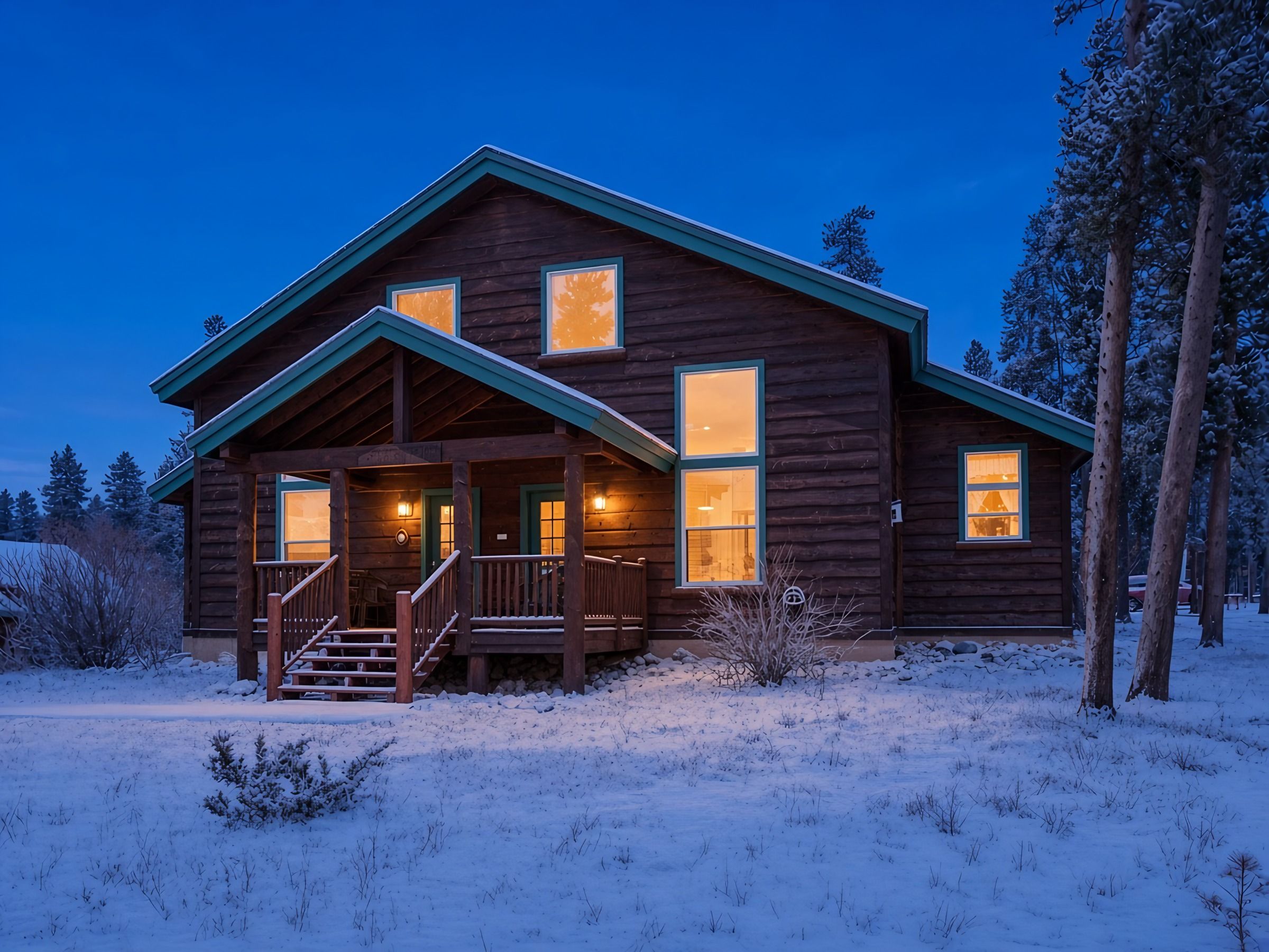 A wooden cabin with a porch and stairs, surrounded by snow-covered ground and trees.