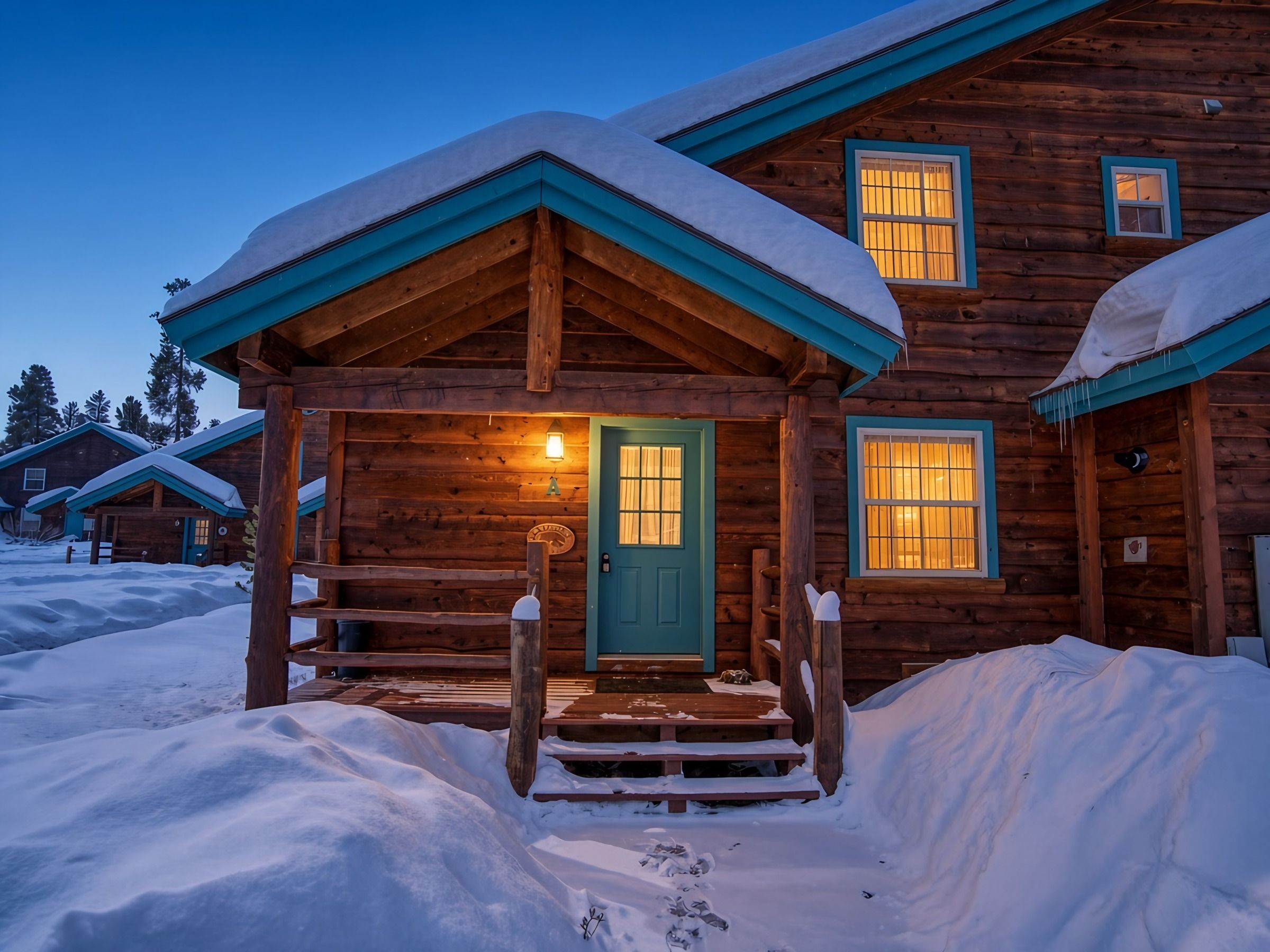 Una cabaña de troncos con puerta verde, un porche de madera y alrededores cubiertos de nieve.