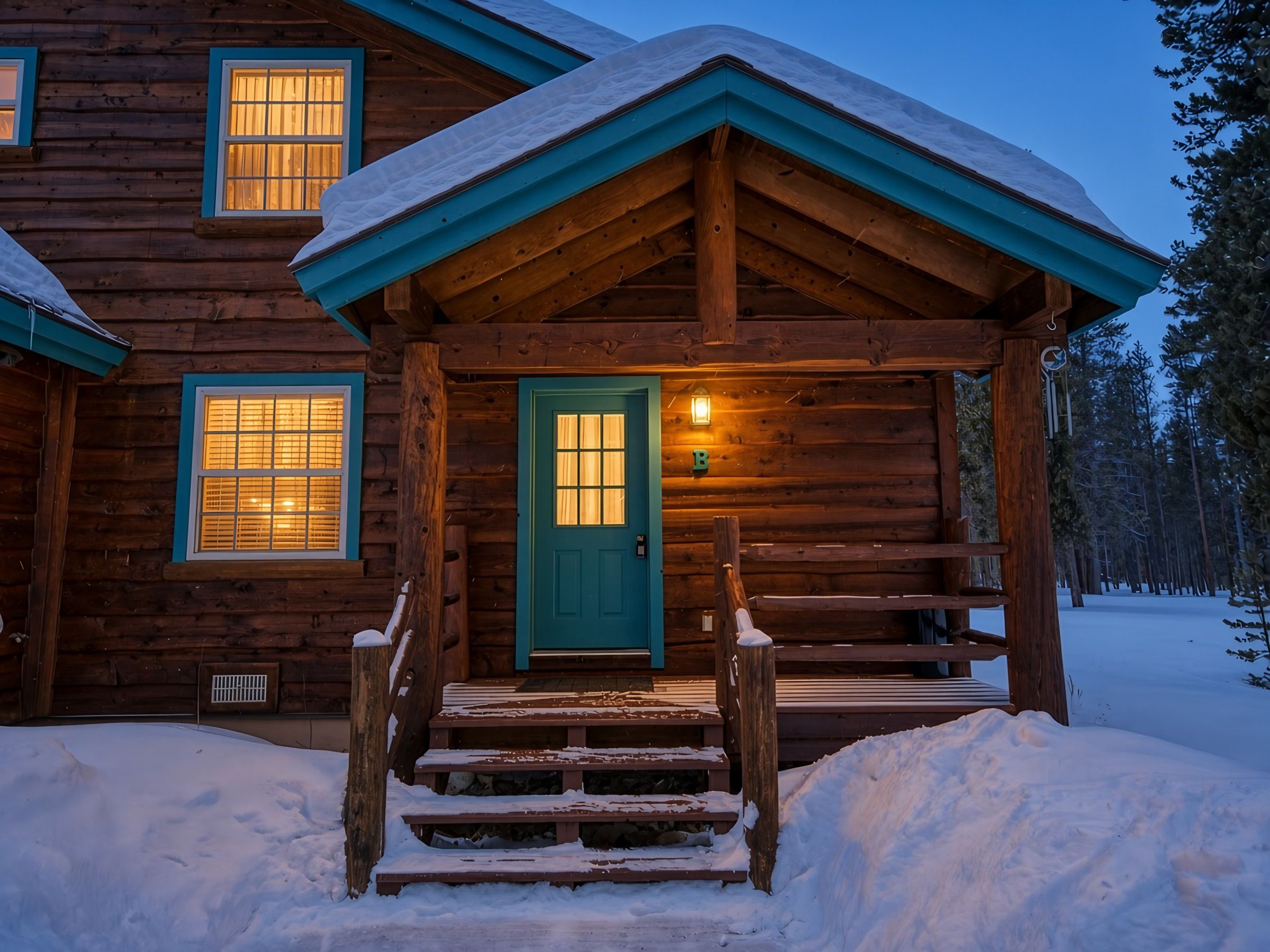 Une cabane en bois avec une porte verte, un porche avec des marches et un sol recouvert de neige.