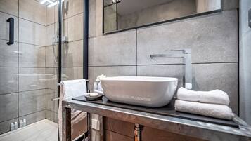 Habitación junior doble, vistas al río | Baño | Ducha, artículos de higiene personal gratuitos y secador de pelo