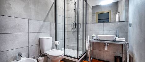 A modern bathroom with a glass-enclosed shower, a bidet, a toilet, and a sink with a mirror above.