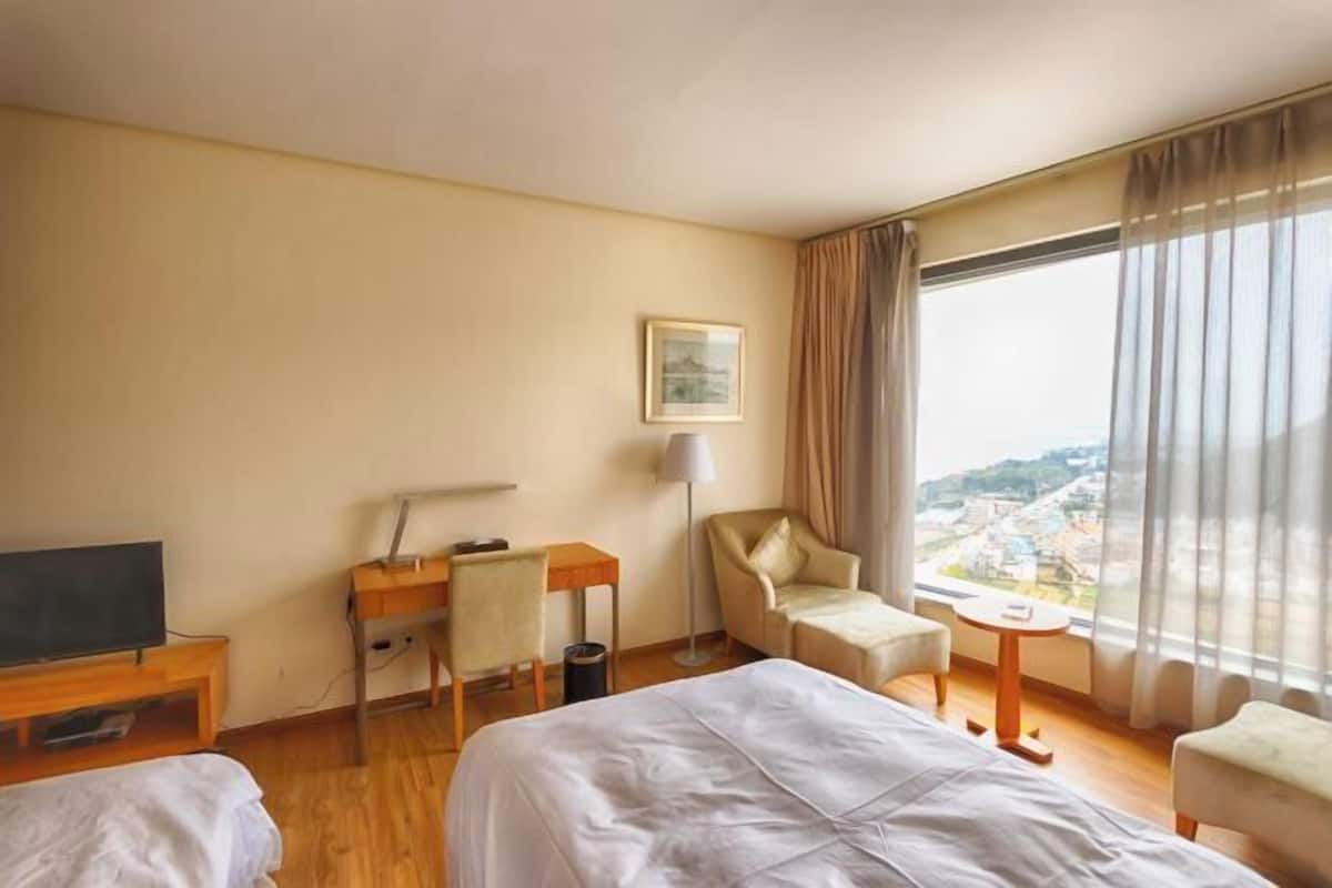 Hotelkamer met een bed, bureau, stoel, televisie en uitzicht op een stadslandschap door grote ramen.