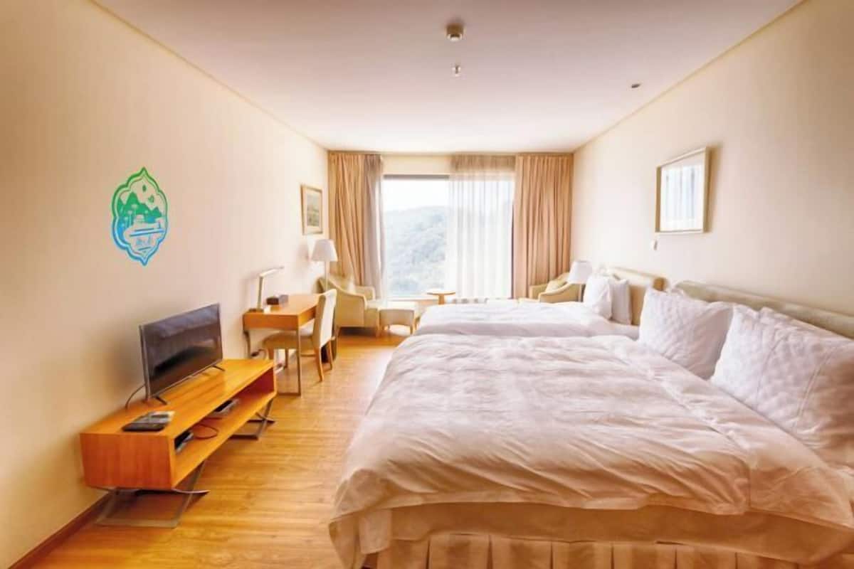 Een hotelkamer met een groot bed, een bureau met stoel, een televisie en een raam met gordijnen.