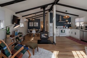 TV connectée, cheminée, livres, médiathèque