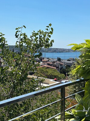 A view of a coastal cityscape with a clear blue sky, a body of water, and buildings in the background. - Mona Bosphorus  (Istanbul)