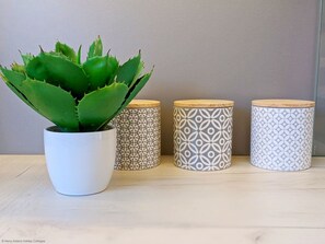 A potted aloe vera plant in a white pot, flanked by three patterned cylindrical containers with wooden lids. - The Lookout - Bognor Regis - sleeps 4 guests in 2 bedrooms (Bognor Regis)