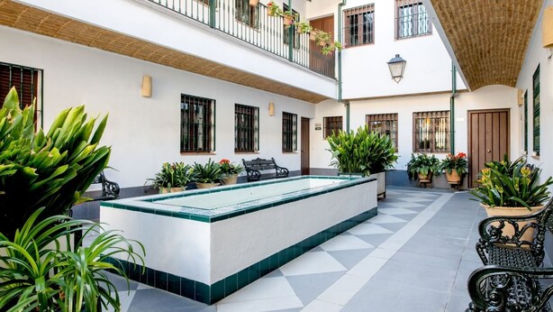Une cour avec une piscine rectangulaire, des plantes en pot et des meubles pour s’asseoir à l’extérieur.