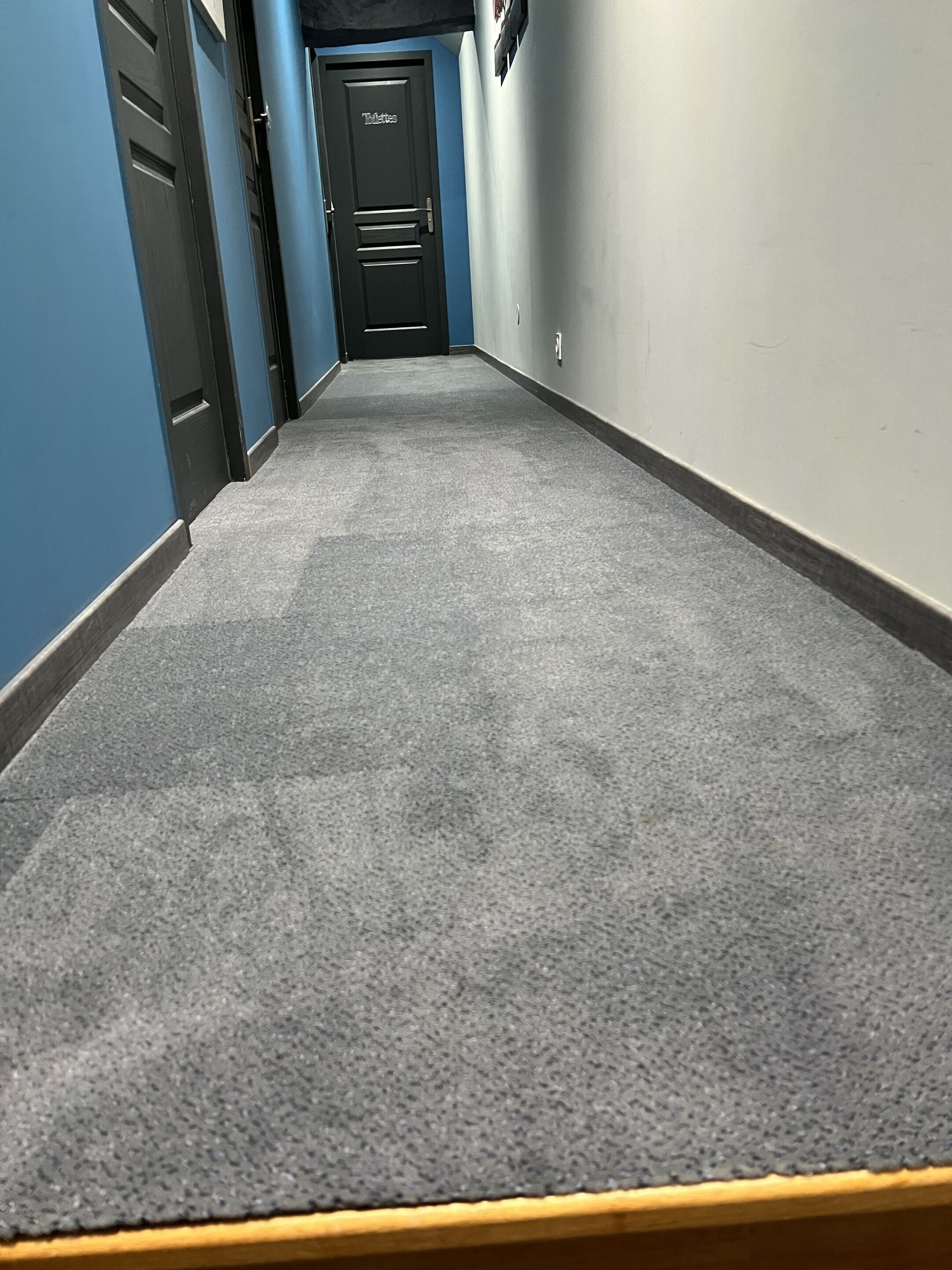 A carpeted hallway with a door labeled "Toilette" at the end.