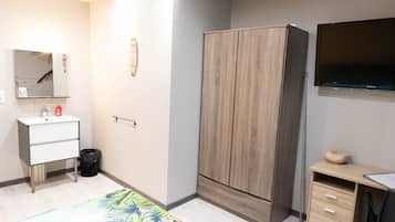 A bedroom with a bed, a wardrobe, a desk, a mirror, and a television.