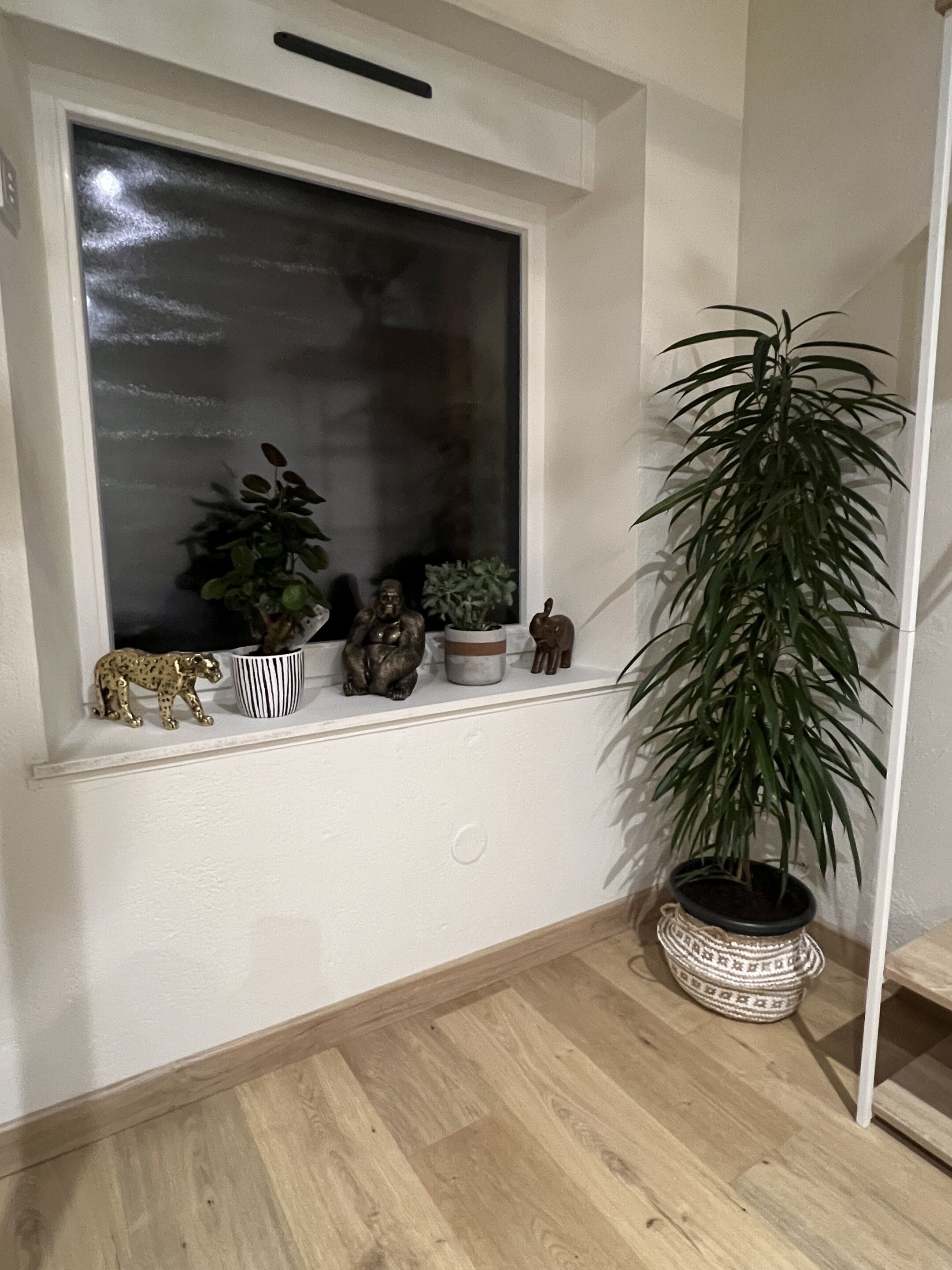 Eine Ecke mit einem Fenster, einem Blumentopf und einem Regal mit Dekoration.