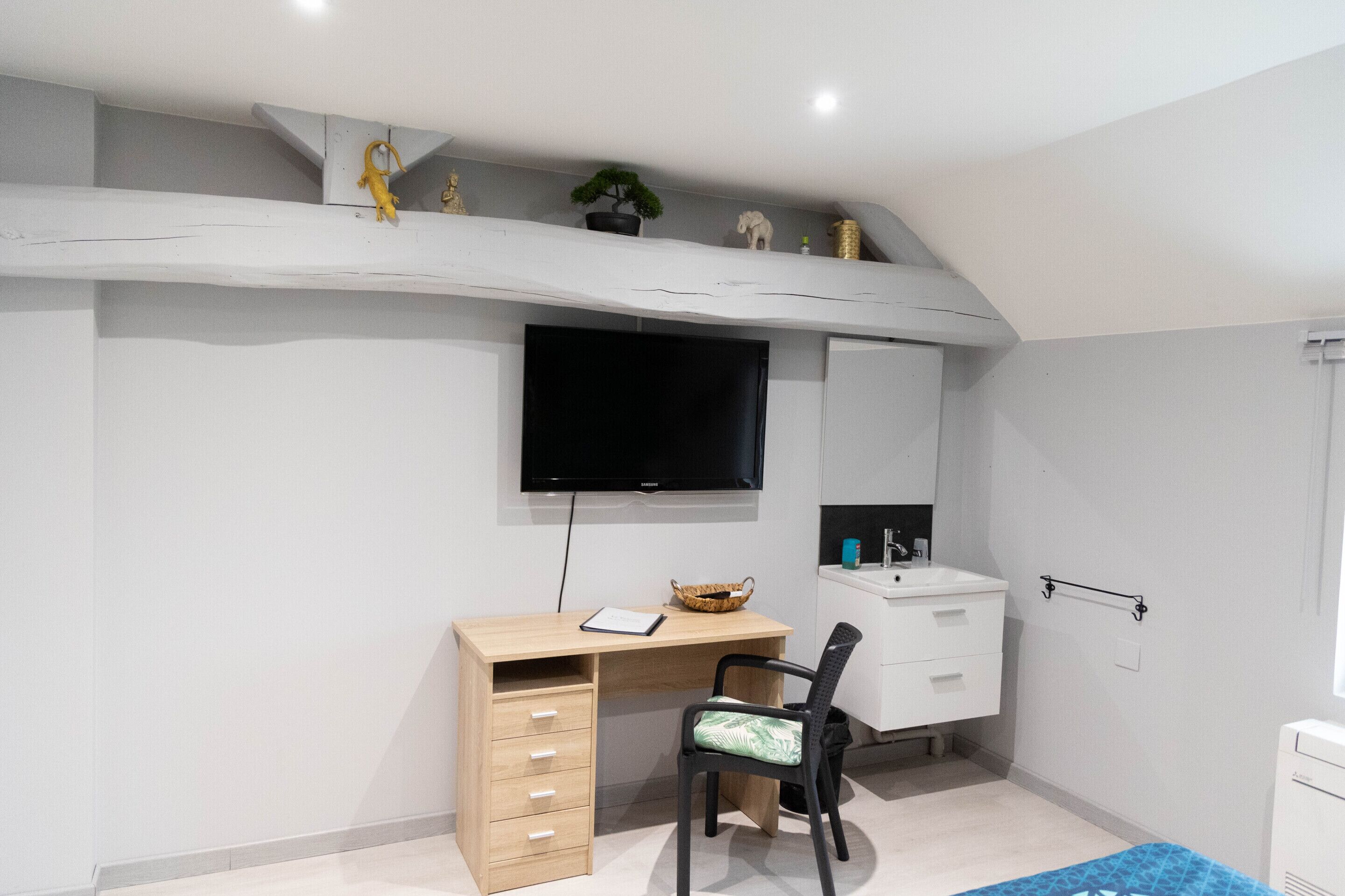 Ein Schlafzimmer mit Bett, Schreibtisch, Stuhl, Fernseher, Kleiderschrank und einer kleinen Pflanze.