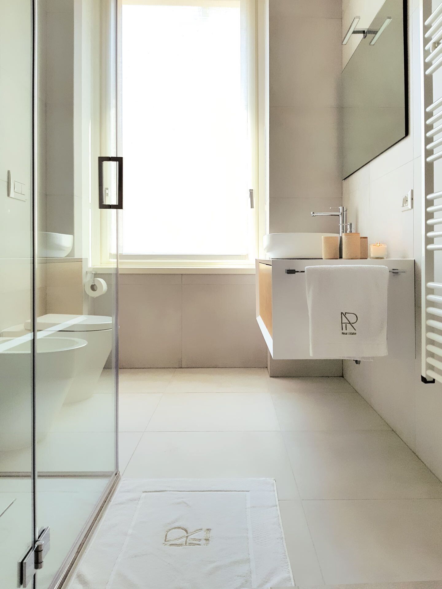 Shower, rainfall showerhead, hair dryer, bathrobes