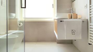 Shower, rainfall showerhead, hair dryer, bathrobes