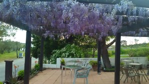 Een pergola bedekt met paarse bloemen, zitplaatsen buiten met metalen stoelen en tafels, en een uitzicht op groen en een gebouw op de achtergrond.