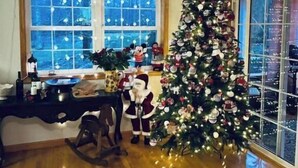 Ein Zimmer mit Holzboden, Schreibtisch mit Stuhl, Fenster mit Jalousien und ein Weihnachtsbaum mit Dekoration.