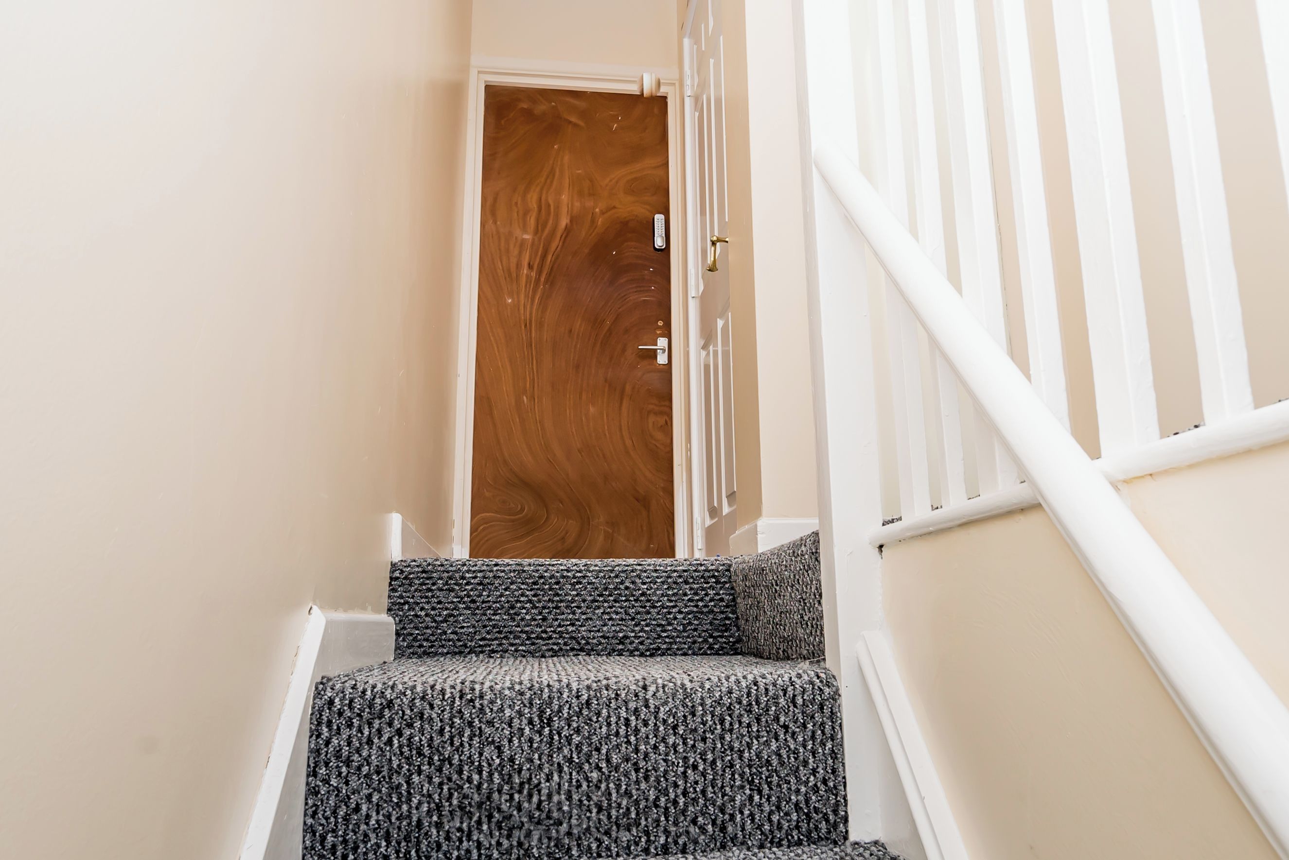 A staircase with a patterned carpet leading to a wooden door with a brass handle.