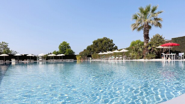 Ein klares Schwimmbecken mit Liegestühlen und Sonnenschirmen, umgeben von Palmen und viel Grün.