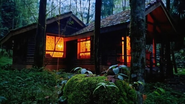 A rustic cabin with a thatched roof, surrounded by dense forest. - Heizhugou Midou Hotel (Ebian)