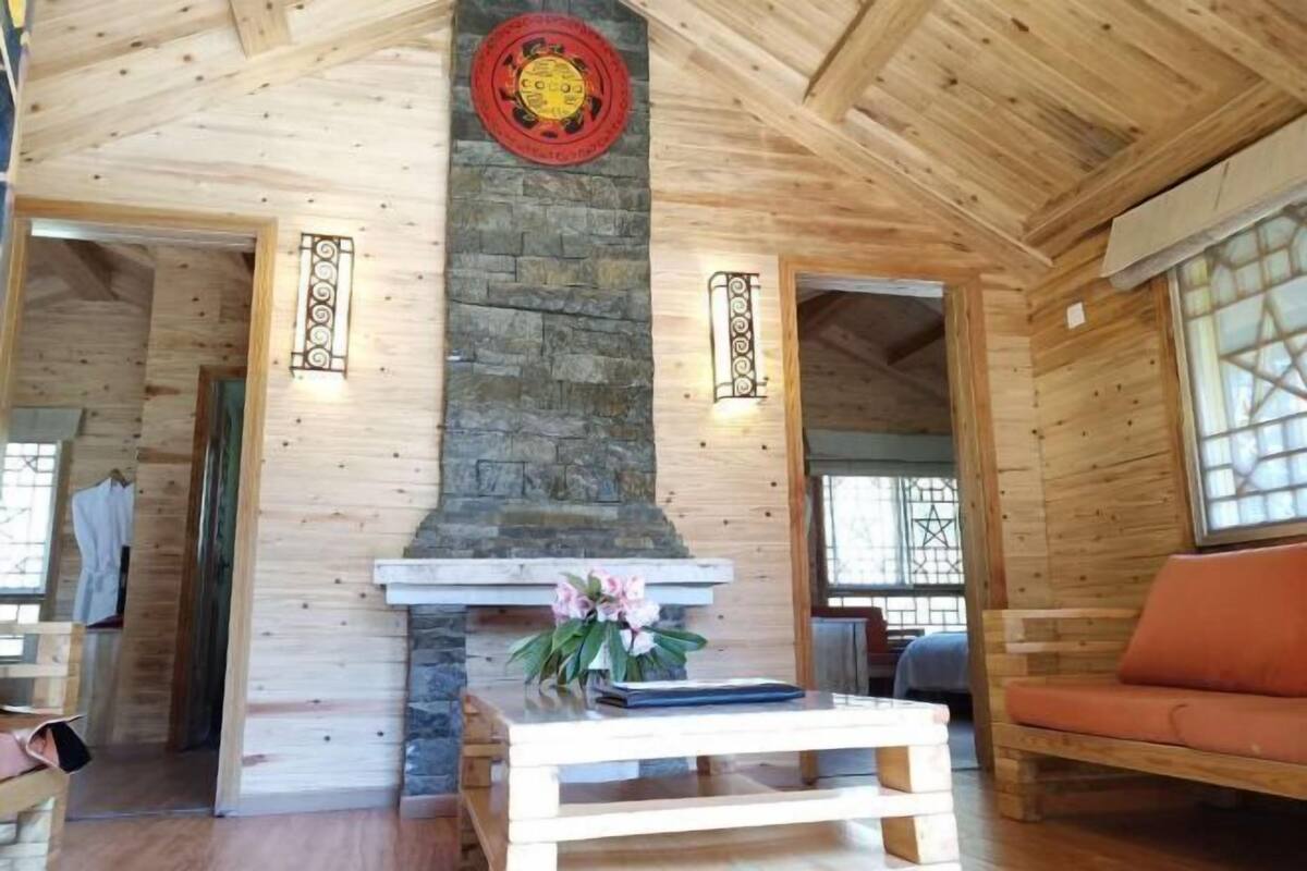 A wooden interior with a stone fireplace, wooden walls, and a sofa.