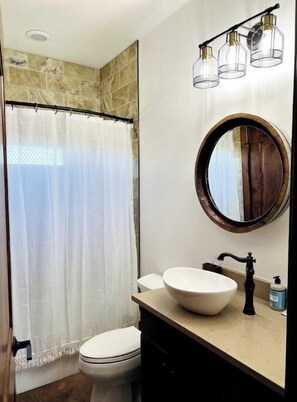 Hair dryer, towels, soap, shampoo