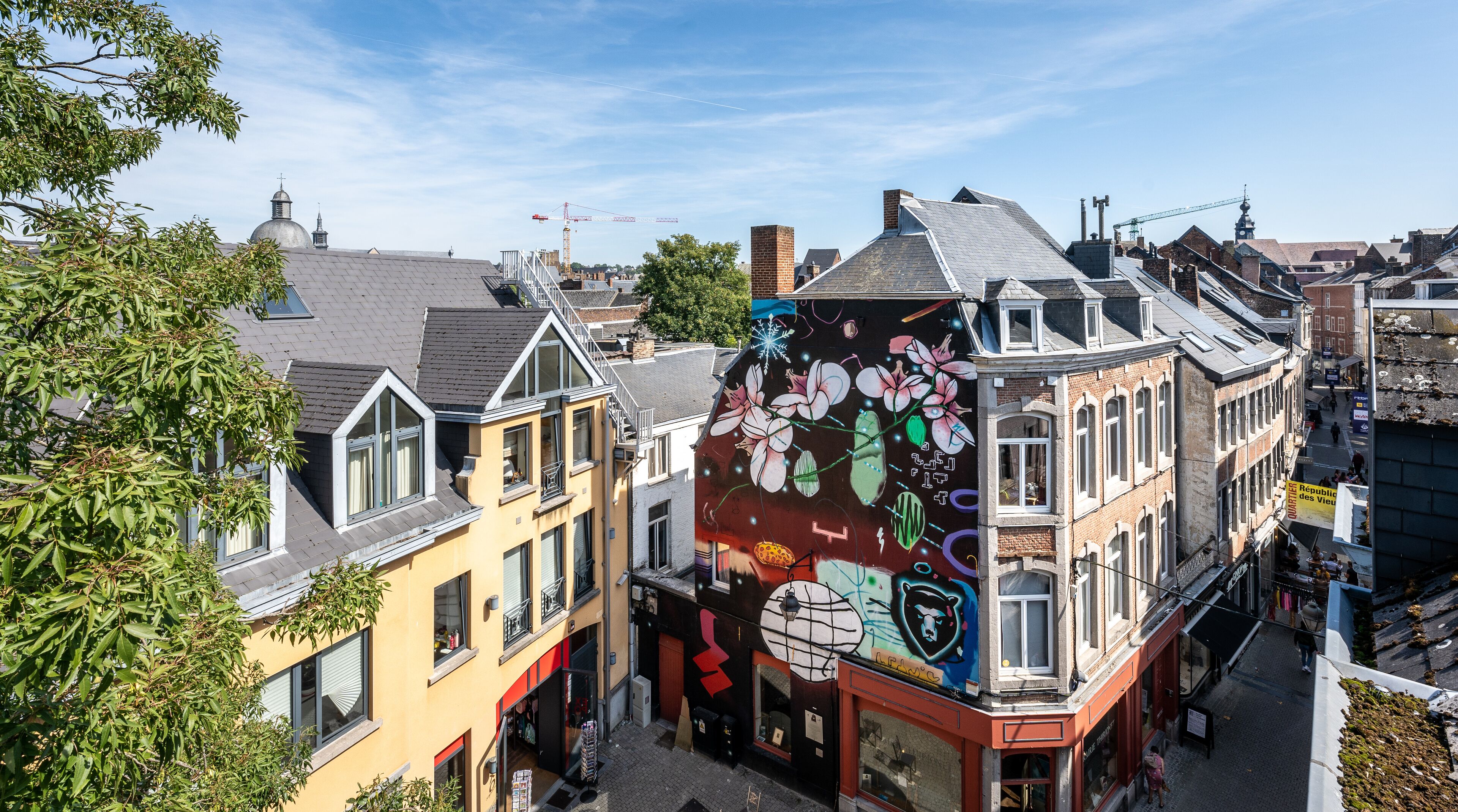 Vista de una calle con un edificio que presenta un gran mural, un callejón estrecho y edificios residenciales adyacentes.