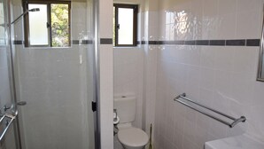 A bathroom with a glass shower enclosure, a toilet, and a handrail. - Dunbar Court Unit 8 - South West Rocks (SOUTH WEST ROCKS)