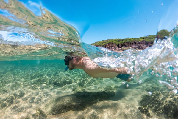 A person swimming underwater with a clear view of the ocean floor and a distant landmass. - Ponta Membene (Ponta Milibangalala)
