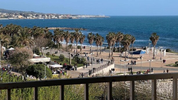 A coastal promenade with palm trees, a beach, and a cityscape in the background. - Forte Michelangelo apartment (Civitavecchia)