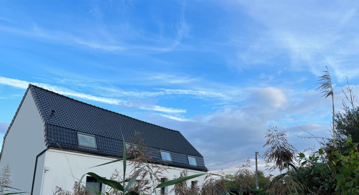 A white building with a dark roof, surrounded by tall grass and trees.