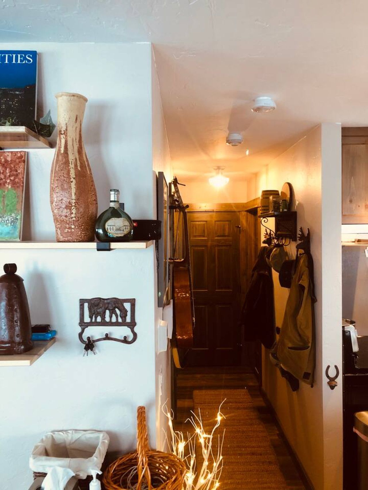 Un pasillo estrecho con una puerta de madera, un perchero y una repisa con diversos objetos, como un jarrón, una botella y un marco de fotos.