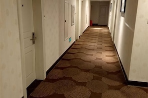 A hotel hallway with doors on both sides, a patterned carpet, and a long corridor.