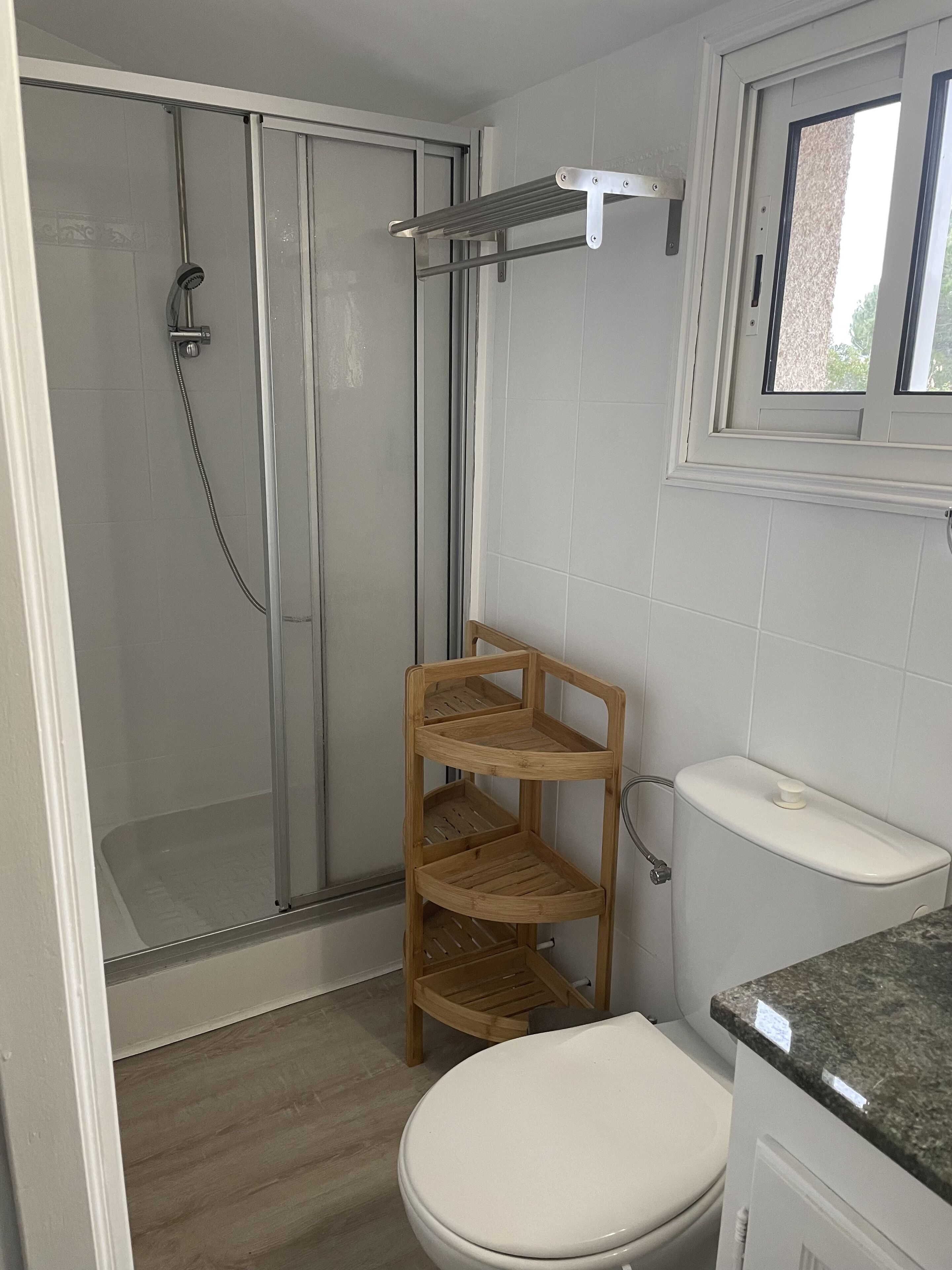 A bathroom with a glass-enclosed shower, a toilet, and a wooden shelf unit.