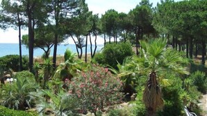 A garden with various plants and trees, a white chair, and a view of the sea. - Un Balcon sur la Méditerranée 1 (Taglio-Isolaccio)